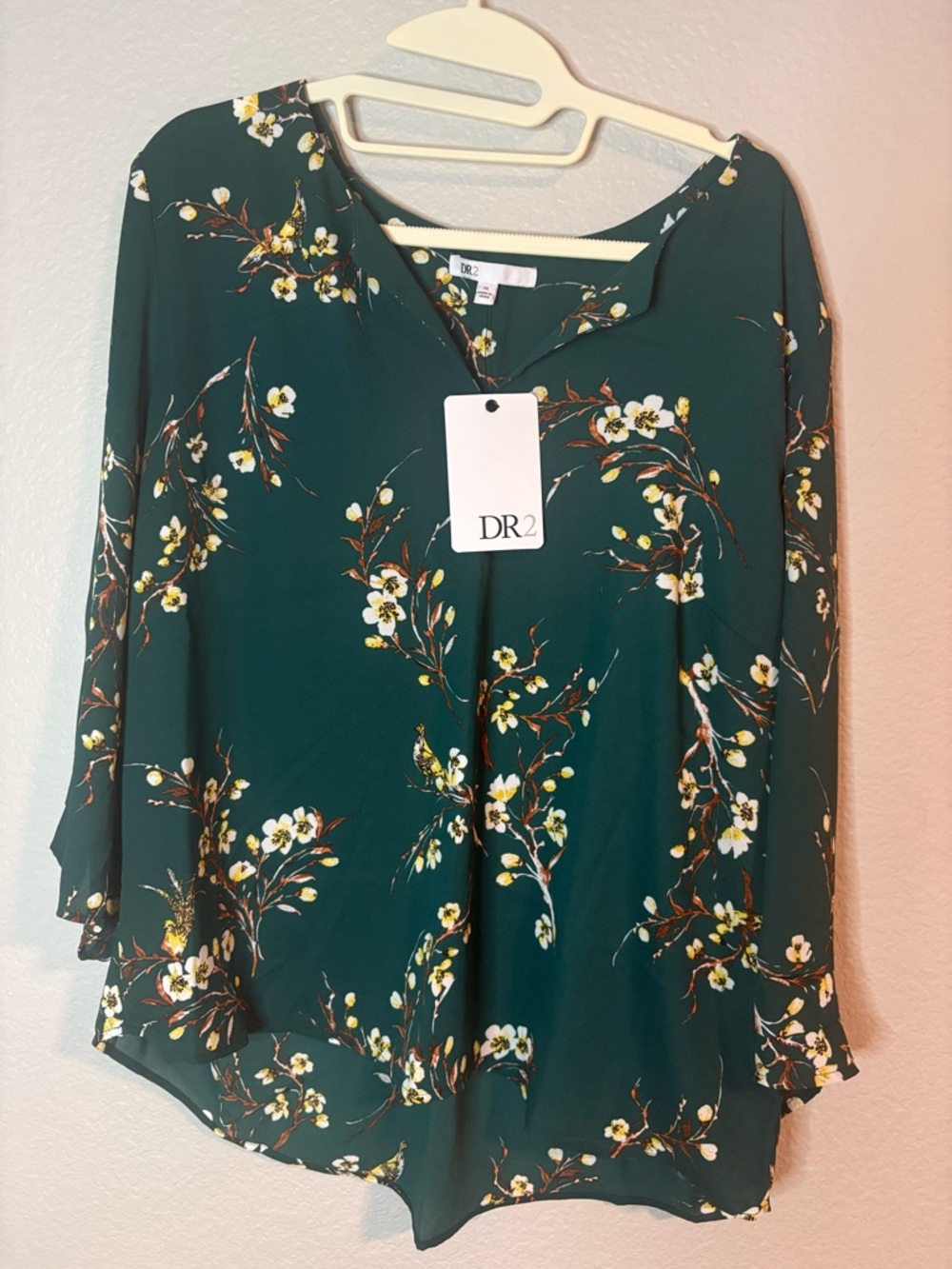 DR2 Deep Green Floral Split-Neck Blouse